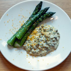 On the menu: English asparagus with egg mayonnaise and cured egg yolk.