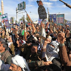 Houthi supporters shout slogans during a rally against Israel and the United States’ war in Iran, in Sanaa, Yemen on Friday.