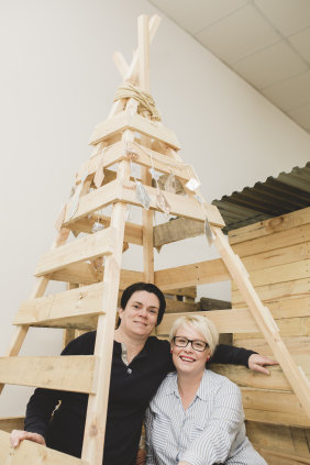Michelle Templin and Colleen Cooper with "Alex's TeePee''.