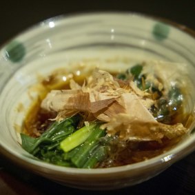 Spinach with soba sauce, one of the accompaniments to the classic sushi set at Tsuru.