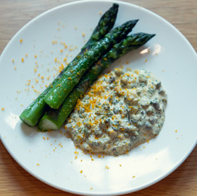 On the menu: English asparagus with egg mayonnaise and cured egg yolk.