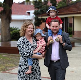 Clare McNeill and new Moore MP Tom French with children Gabriel French, 3, and Freddie French, 1.