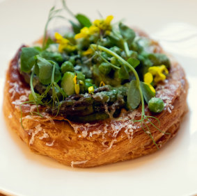 Pea tart with Spenwood and pea shoots.