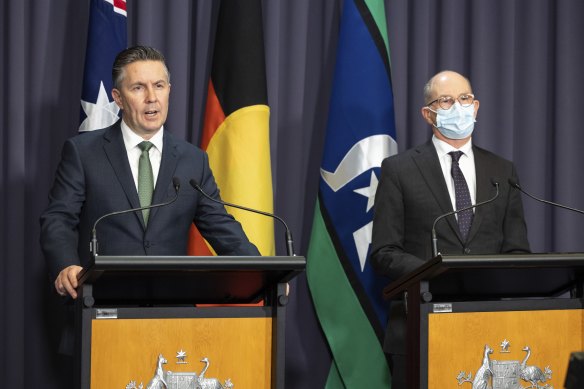 Health Minister Mark Butler and Chief Medical Officer Professor Paul Kelly during a press conference at Parliament House on Tuesday.
