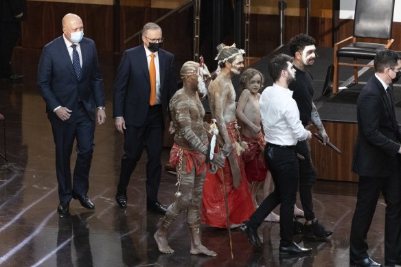 Peter Dutton and Anthony Albanese during a welcome to Country ceremony to mark the start of the 47th parliament.