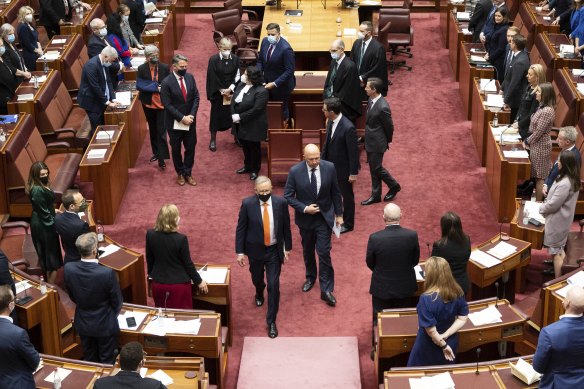 Prime Minister Anthony Albanese and Opposition Leader Peter Dutton exit the Senate after Governor-General David Hurley addressed both houses. 