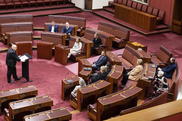 Senate President Slade Brockman speaks to the new senators during “Senate school”.