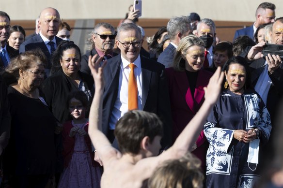 Prime Minister Anthony Albanese during a Welcome to Country ceremony at Parliament House on Tuesday.