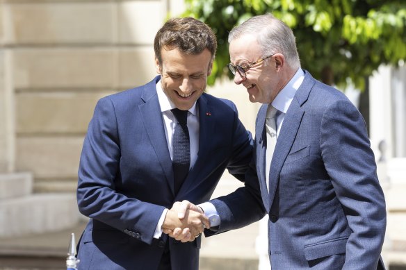 Macron and Albanese appeared relaxed at the Elysee Palace.