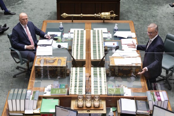 Opposition Leader Peter Dutton and Prime Minister Anthony Albanese during Question Time at Parliament House in Canberra on Wednesday 27 July 2022.