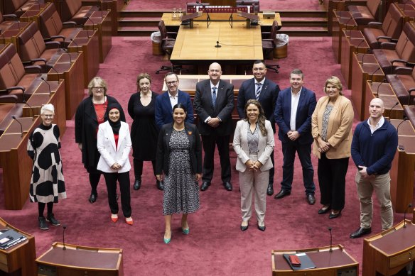 Senate President Slade Brockman (centre) poses for a group photo with newly-elected senators during ‘Senate School’ at Parliament House on Thursday.