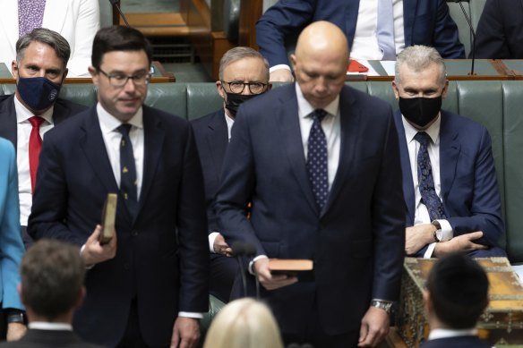 Liberal leader Peter Dutton (right) and Nationals Party leader David Littleproud in the House of Representatives on the first day of the new parliament.