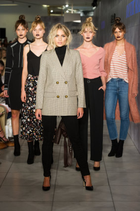 Strong ... but confusing to customers. Elyse Knowles leads models at one of Myer's parades during the Melbourne Fashion Festival.