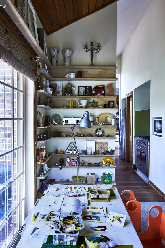 While Mestrom set up her main sculpture studio in a large adjacent garage, she also transformed a large room off the kitchen into a craft room for her son Danté.