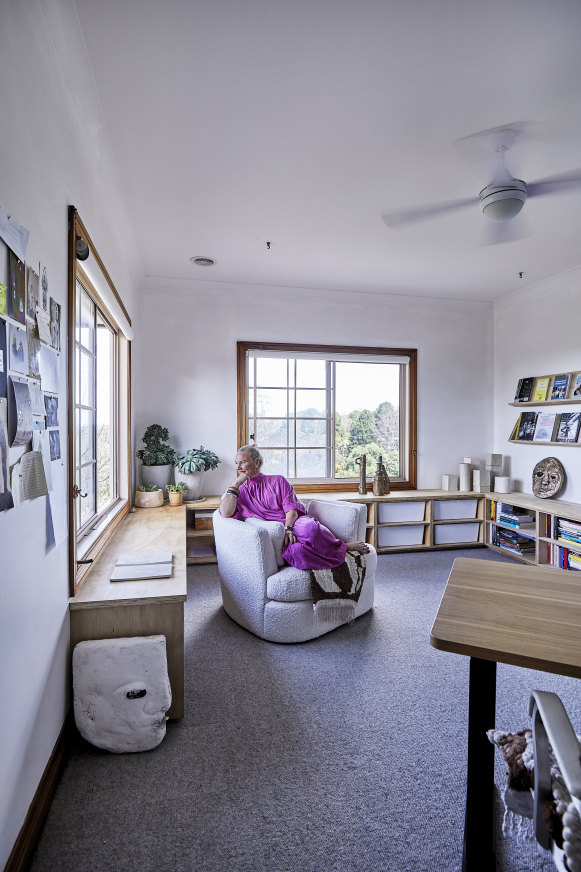 Mestrom designed her office to not only include functional built-in storage but to provide a peaceful retreat. The chair from James Lane is covered with a woollen rug woven by Mestrom.