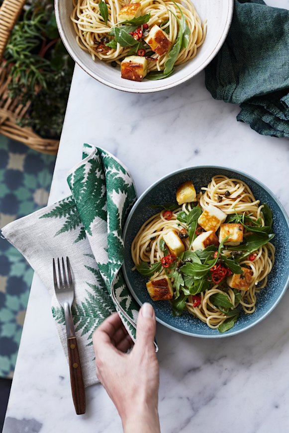 Halloumi, lime & rocket spaghetti