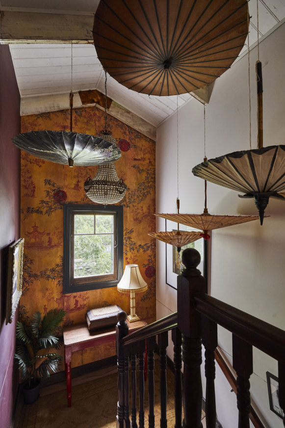 “The staircase was originally from a West Footscray factory,” says Pottage. “The parasols are variously from Gumtree, eBay or garage sales – all were under $15.”