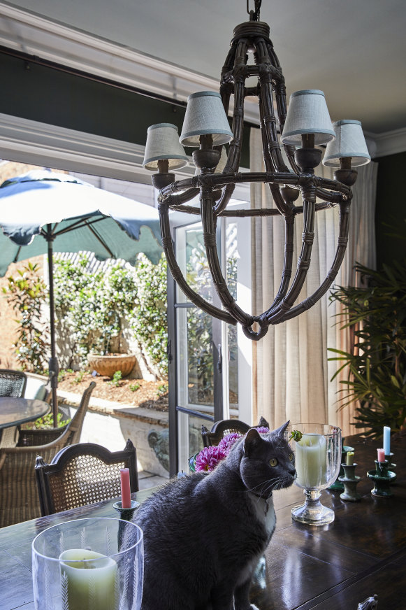 The curtains, in Isla Design’s “Cayman” fabric, filter sunlight into the dining space, where Archie the cat carefully sits between old ceramic candlesticks and cut-glass hurricane shades.