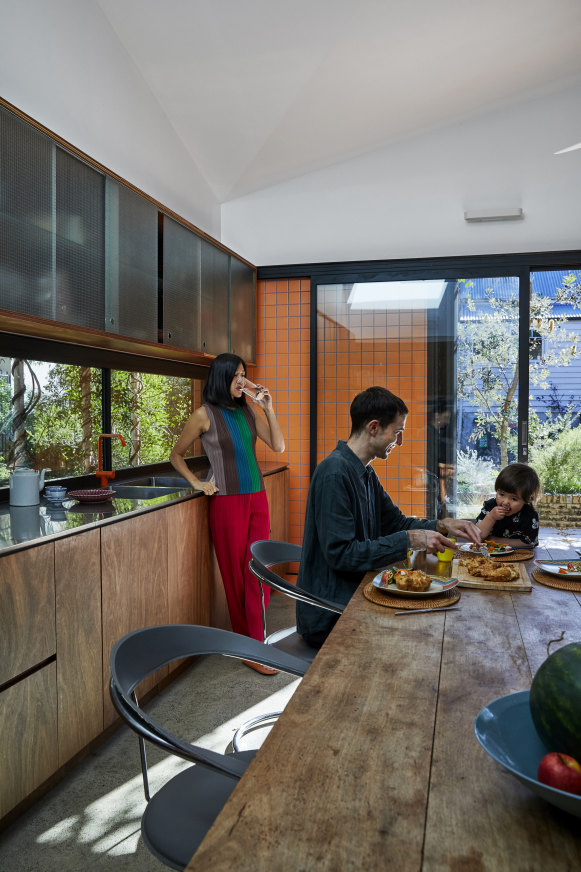 Vintage Arrben “Canasta” chairs surround a silky oak tailor’s table. “My father salvaged this from the old Anthony Hordern department store building,” says Lim.