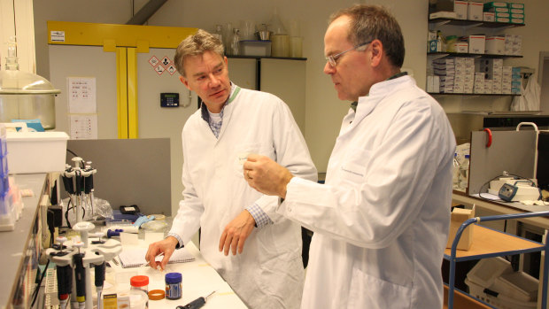 MosaMeat's Chief Scientific Officer Mark Post in the laboratory with chief executive Peter Verstrate. 