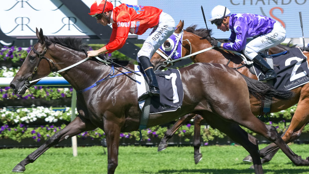 Slipper sweet: Seabrook takes the Sweet Embrace Stakes with a late charge.