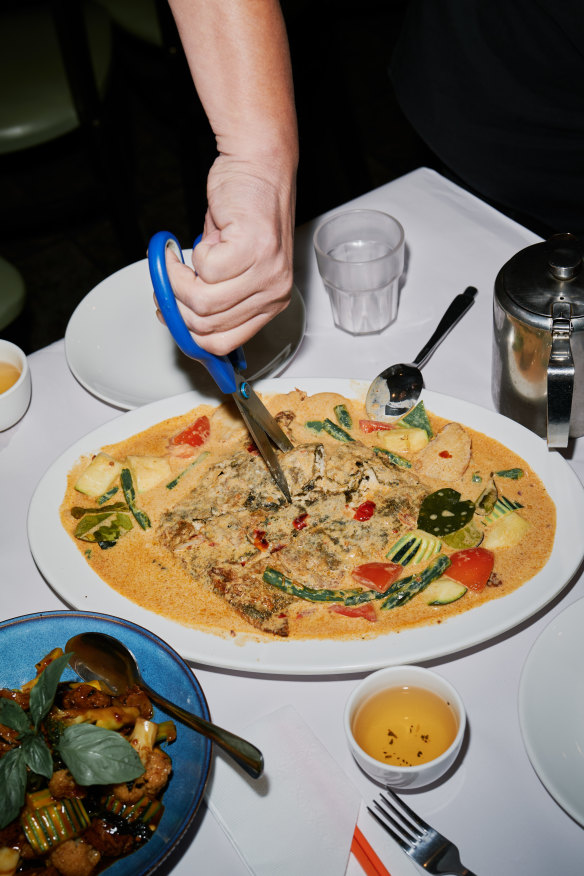 Whole Thai-style “fish”, made from tofu with a seaweed skin, is “filleted” expertly at the table.