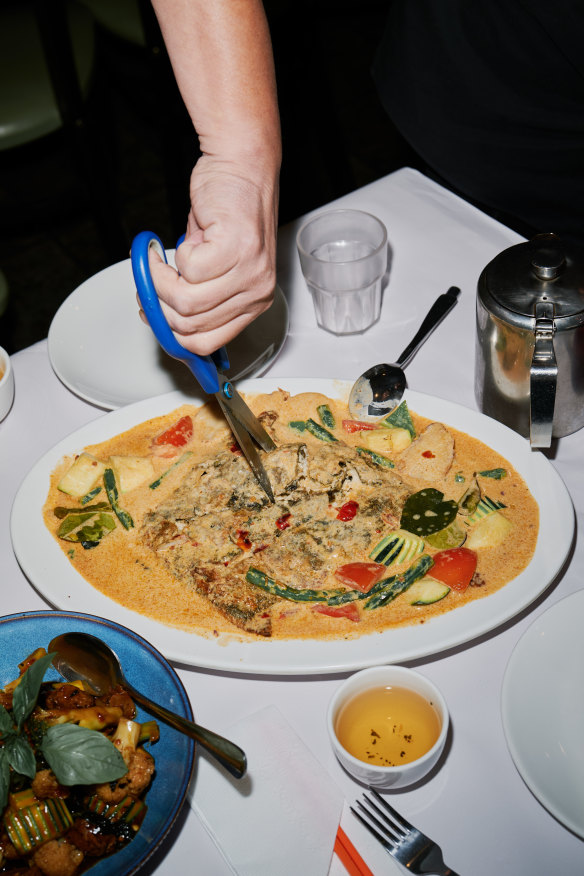 Vegie Mum’s whole Thai-style “fish”, made from tofu with a seaweed skin, is “filleted” expertly at the table.