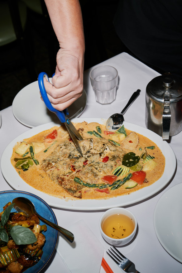 Whole Thai-style “fish”, made from tofu with a seaweed skin, is “filleted” expertly at the table.