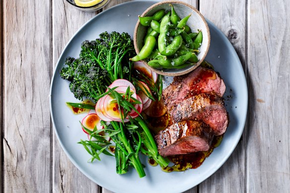 Susie Burrell recommends recipes like this soy-marinated steak with broccolini and edamame salad.