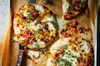 Caramelised cabbage and pancetta pizzas.