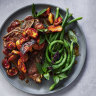 Steaks with warm Asian mushroom salad and snake beans.