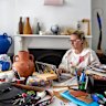 The living area, where Coffey works on her designs. The artwork is by Genevieve Felix Reynolds; the sculpture (at far right) is by Luke Storrier.
