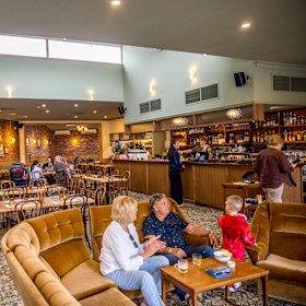 Relaxed on one of the retro couches.