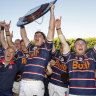 Easts captain Josh Bokser and the team celebrate with the Shute Shield.