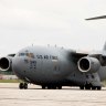 A US military aircraft carrying 132 pallets of Nestle Health Science Alfamino Infant and Alfamino Junior formula arrives to Indianapolis International Airport in Indianapolis, Indiana.