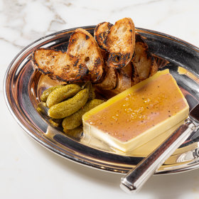 Chicken liver parfait with foie gras and black truffle.