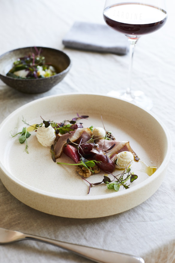 Smoked Duck, ricotta, sour grapes and walnuts.