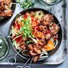 Cumin lamb skewers with quick chilli pickle and noodles.