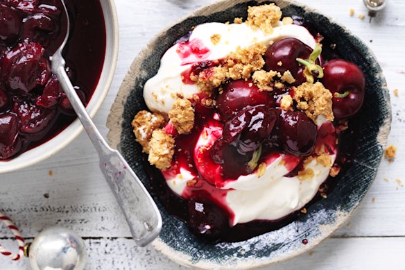 Adam Liaw’s breakfast crumble with cherries and yoghurt.