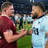 Taniela Tupou shakes hands with Tadgh Furlong of the British and Irish Lions