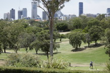 The current view across Victoria Park's gentle hills towards Brisbane's CBD.