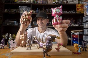 Fletcher Andersen, aka Facter, with some of his handcrafted toys.