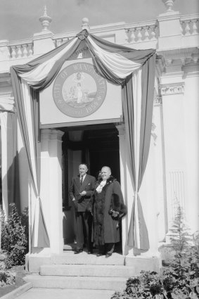 Sir Dallas Brooks (Governor of Victoria) with Cr. Donovan (Mayor of Wangaratta)