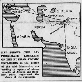 A map showing the approximate location of the explosion - From The Age published in 1949.
