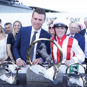 Giga Kick’s trainer Clayton Douglas and jockey Craig Williams with The Everest trophy.