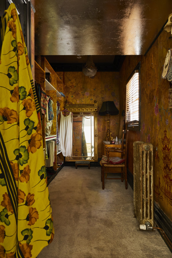 “I describe my dressing room as ‘opium den chic’! I painted all the wallpaper during our first lockdown as I love my vintage clothing and wanted to create an appropriate home for it,” says Pottage.