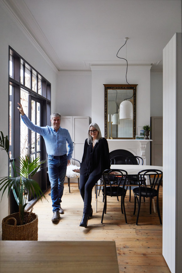 Carson and Giovannini in their dining space, with a Pietro Russo table from Criteria. “It’s a stunning daytime room, and soft and intimate by night,” she says.