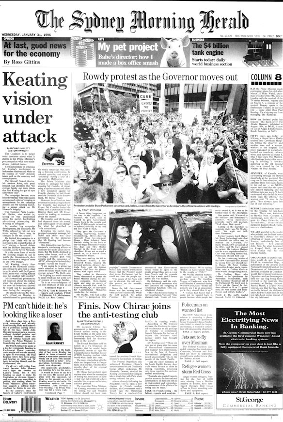 Front page of SMH on January 31, 1996