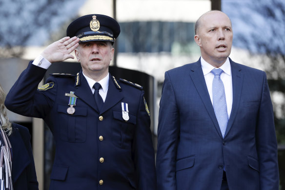 Australian Border Force Commissioner Michael Outram and Minister for Home Affairs Peter Dutton in May.