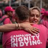 Pro-assisted dying campaigner Rebecca Wilcox hugs a fellow campaigner after MPs voted in favour of the assisted dying bill.
